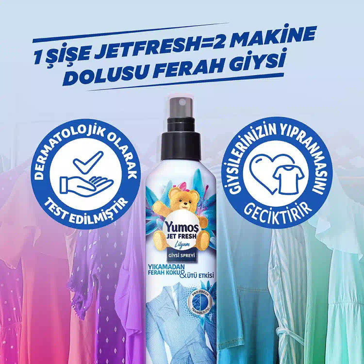 اسپری ضد چروک و خوشبو کننده لباس یوموش رایحه لیلیوم Yumos JET FRESH GİYSİ SPREYİ Lilyum حجم 200 میلی لیتر